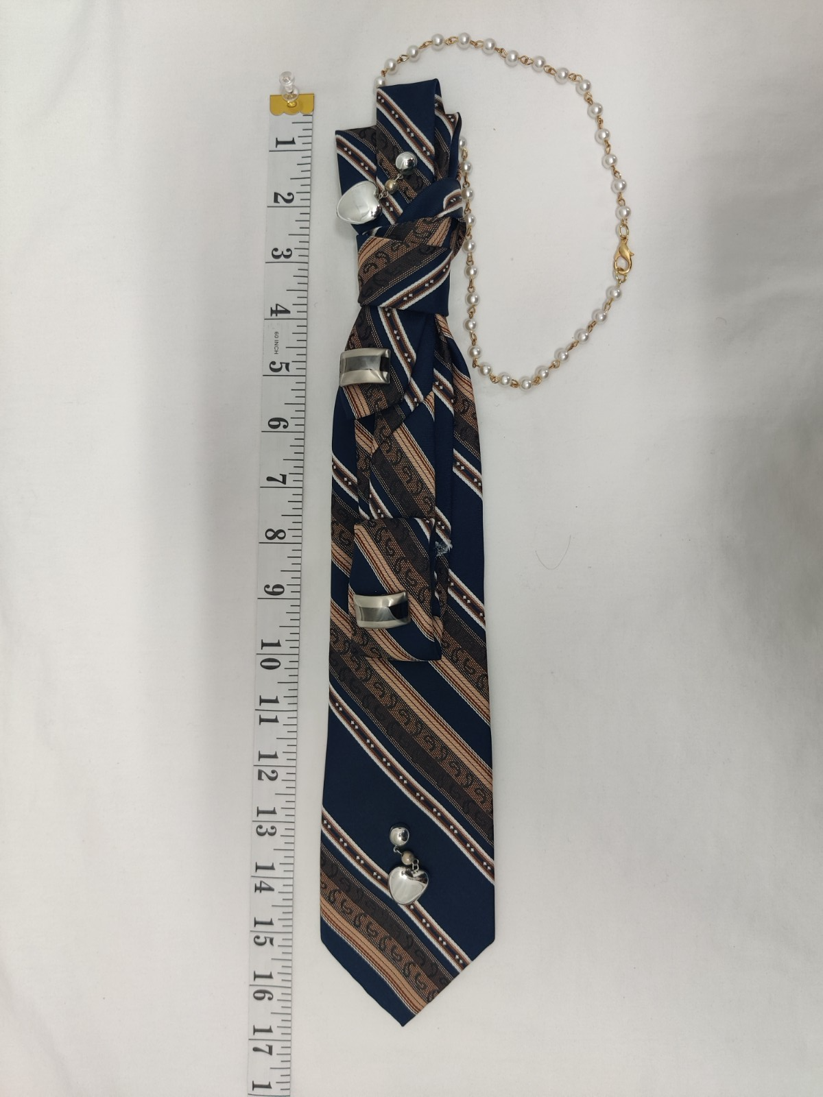 Women's Jabot Necklace - Navy Striped Silk Tie - Silver Hearts - Pearl Chain