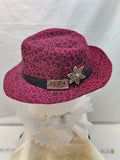 VERA by New York Fedora Hat Fuchsia Pink Black Leopard Print - Gold Flower Pearl