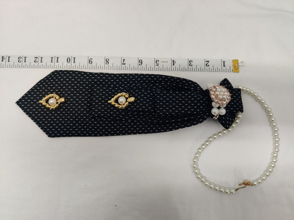 Women's Elegant Jabot Necklace - Black White Dot Silk Tie - Pearl Crystal Brooch