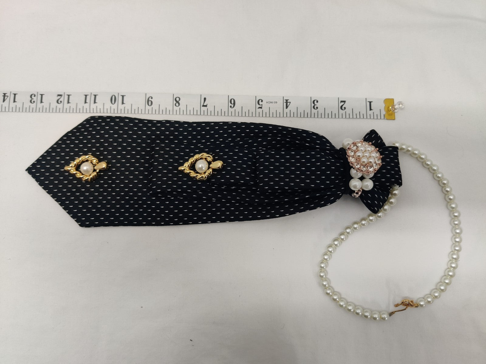 Women's Elegant Jabot Necklace - Black White Dot Silk Tie - Pearl Crystal Brooch