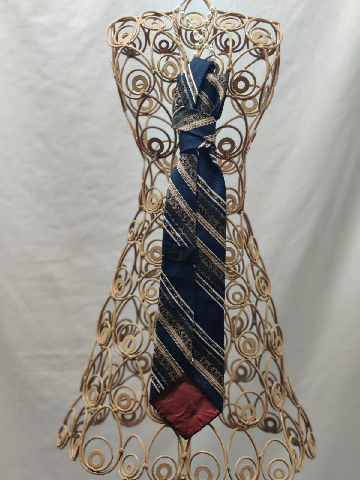 Women's Jabot Necklace - Navy Striped Silk Tie - Silver Hearts - Pearl Chain