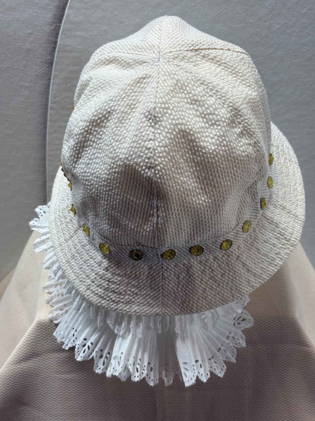 Cream Corduroy Bucket Hat - Gold Rhinestone Crown Design Bling Bucket