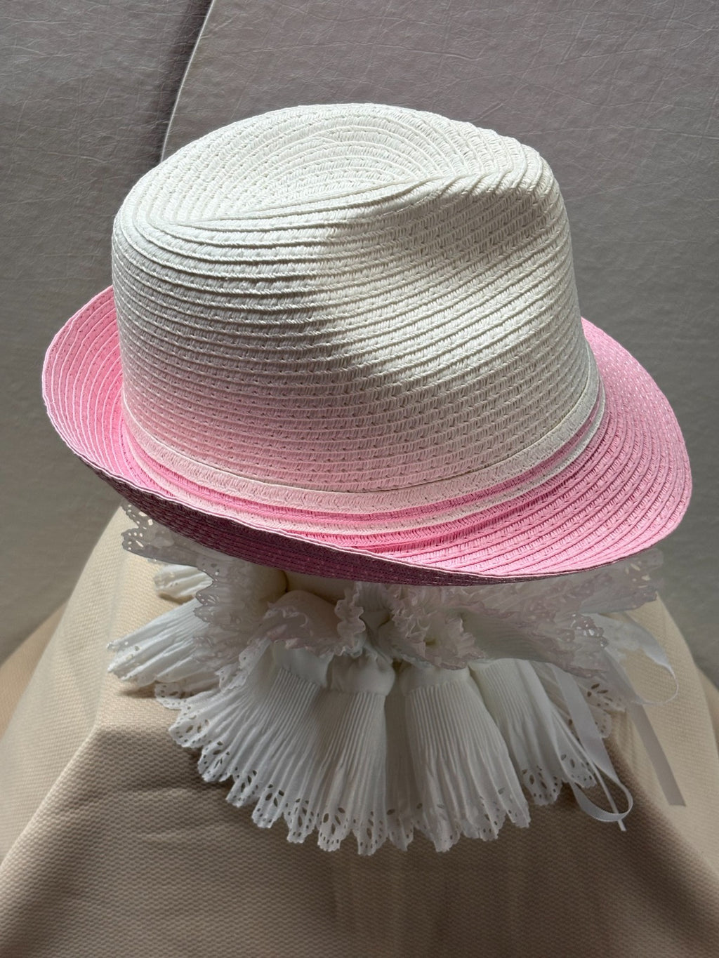 Pink &White Fedora Hat - Girls Women Straw Fedora - Rhinestone Bow & Butterfly