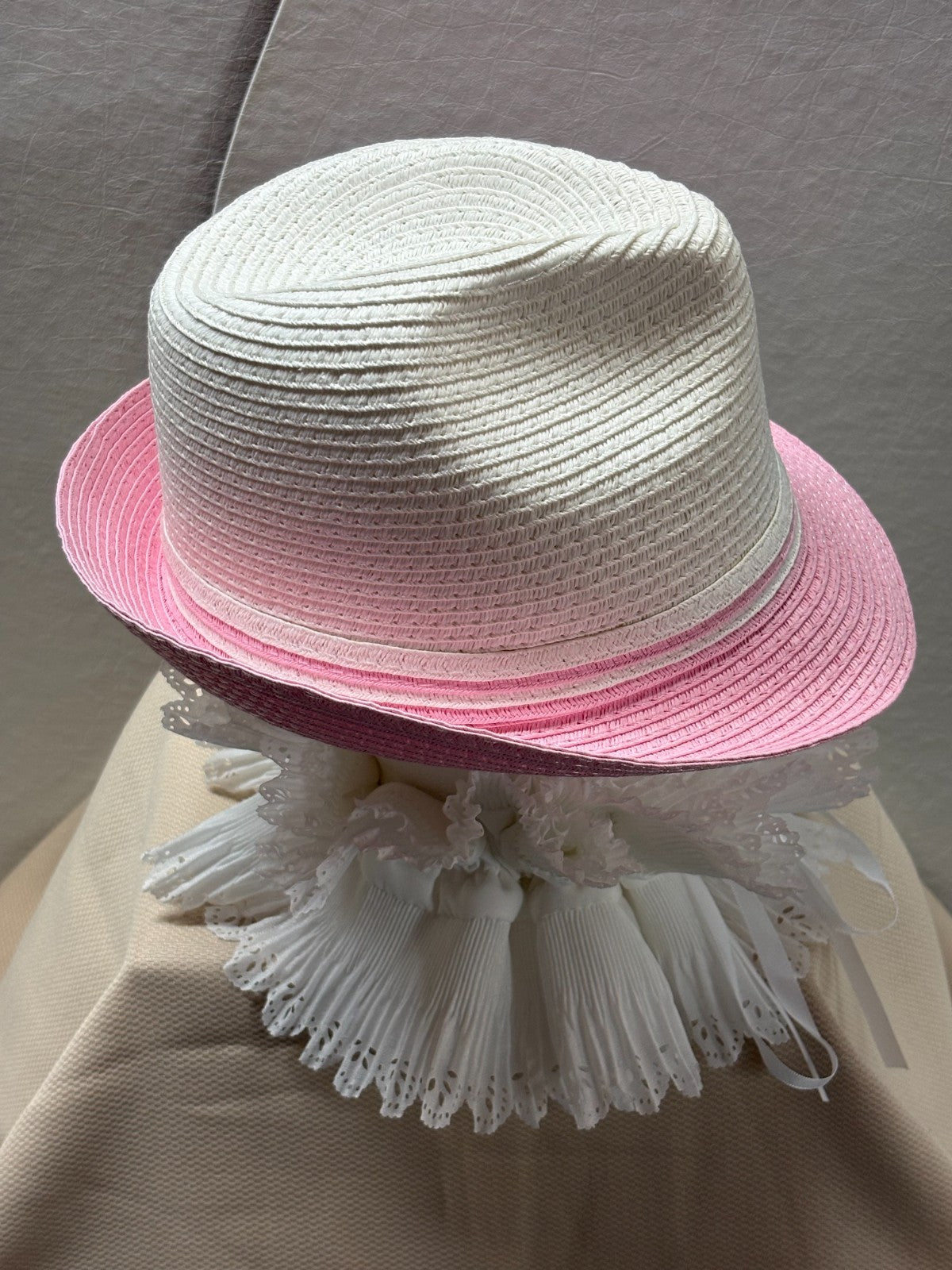 Pink &White Fedora Hat - Girls Women Straw Fedora - Rhinestone Bow & Butterfly