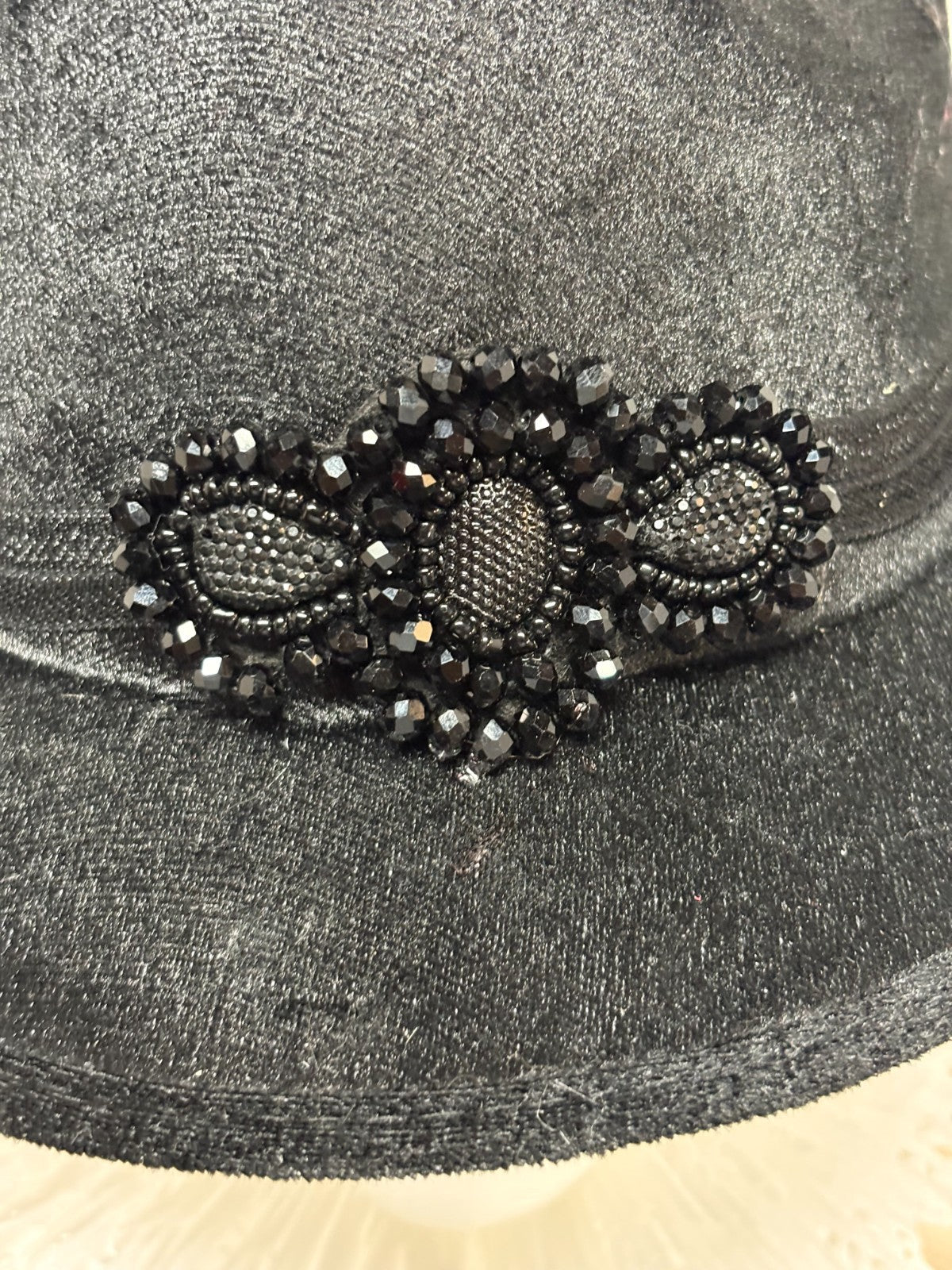 Black Velvet Fedora Hat- Sparkle Shimmer -  Black Beaded Rhinestone Bow Brooch