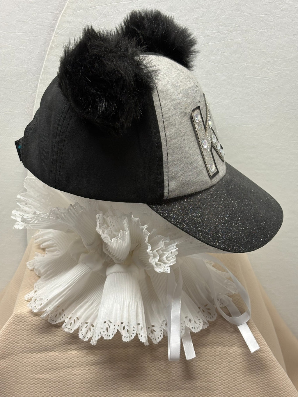 Black Grey Bling Baseball Cap Letter K - Sparkle Glitter Brim - Fuzzy Ears