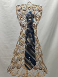 Women's Jabot Necklace - Navy Striped Silk Tie - Silver Hearts - Pearl Chain