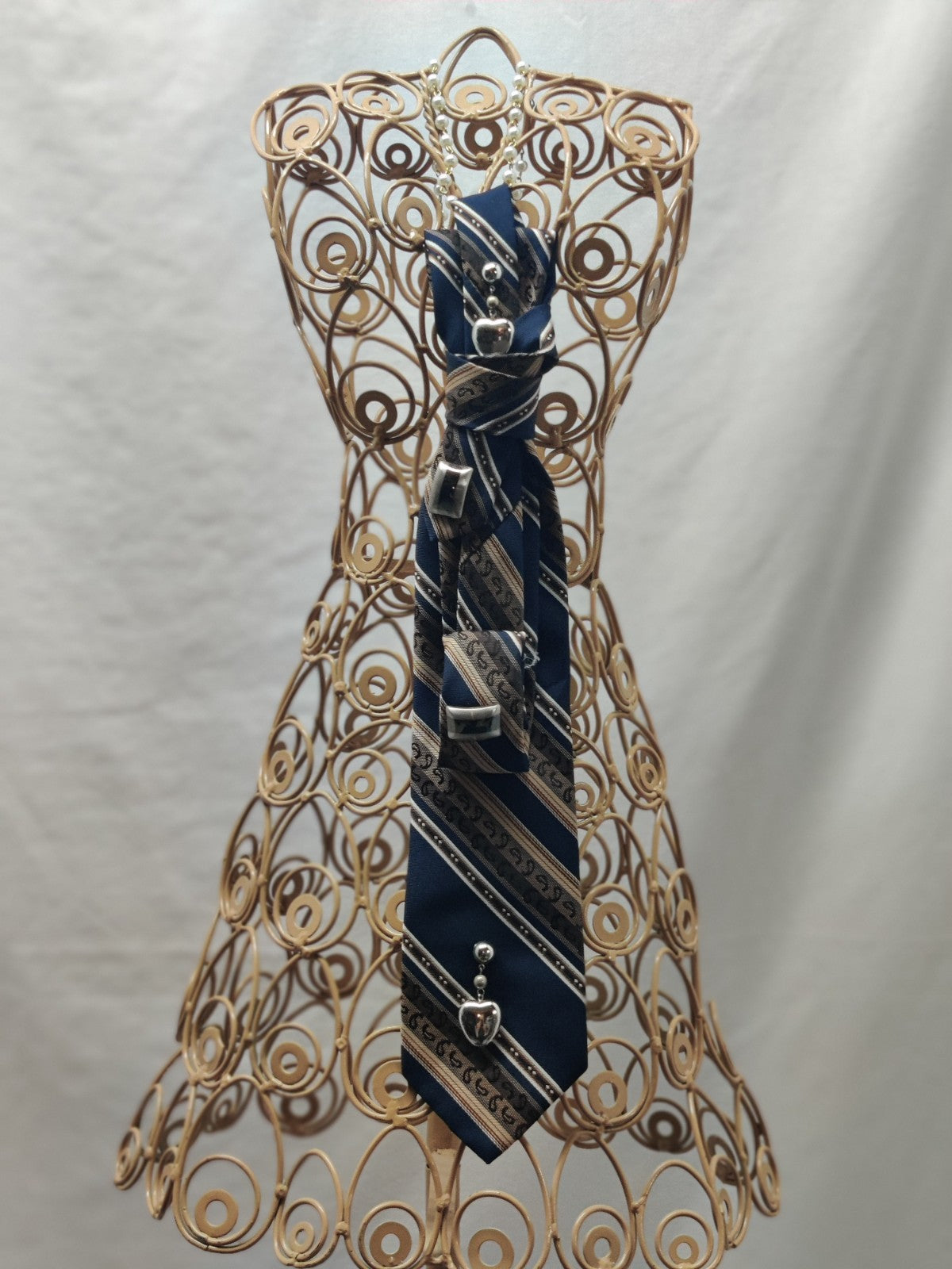 Women's Jabot Necklace - Navy Striped Silk Tie - Silver Hearts - Pearl Chain
