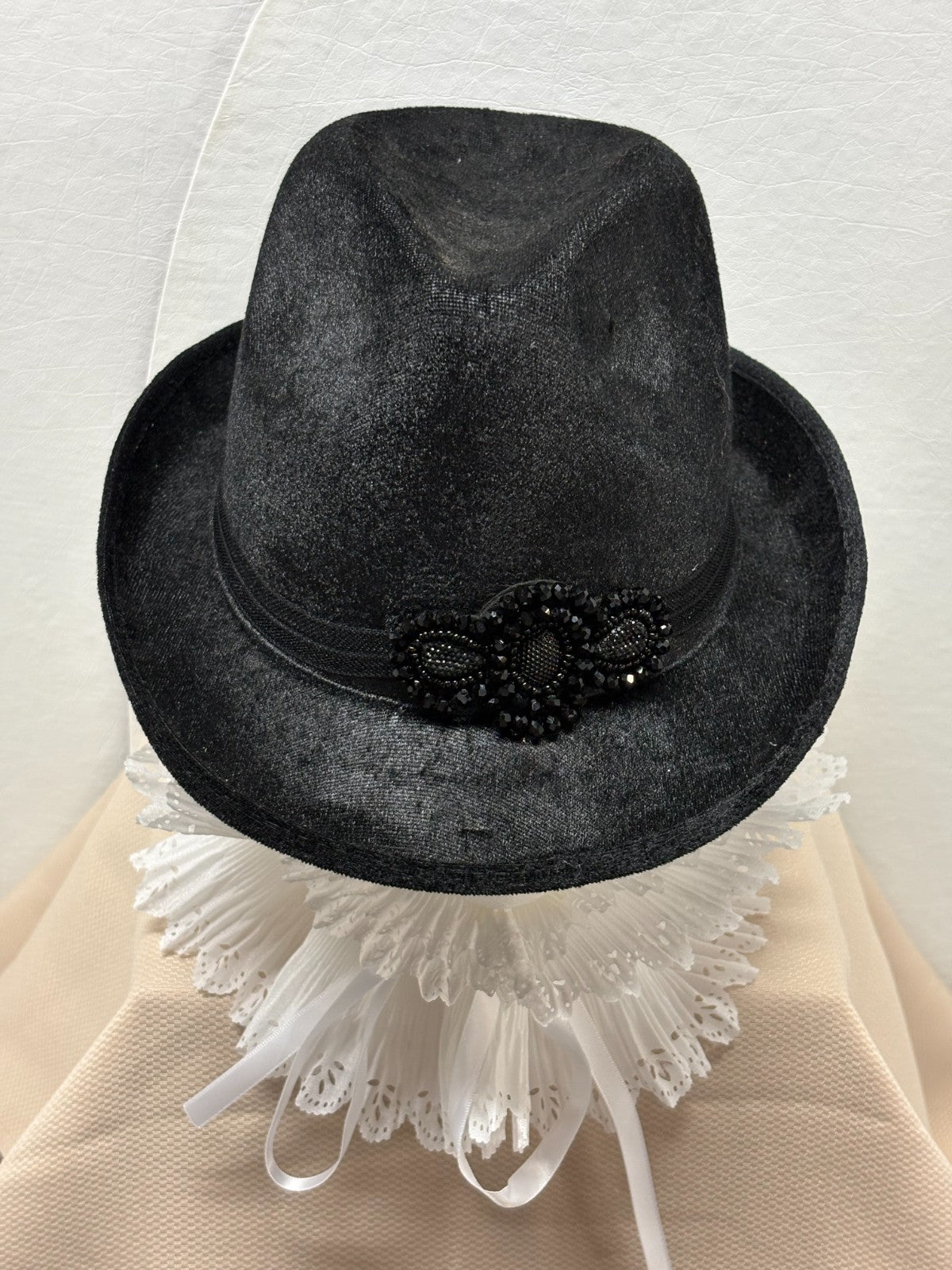 Black Velvet Fedora Hat- Sparkle Shimmer -  Black Beaded Rhinestone Bow Brooch