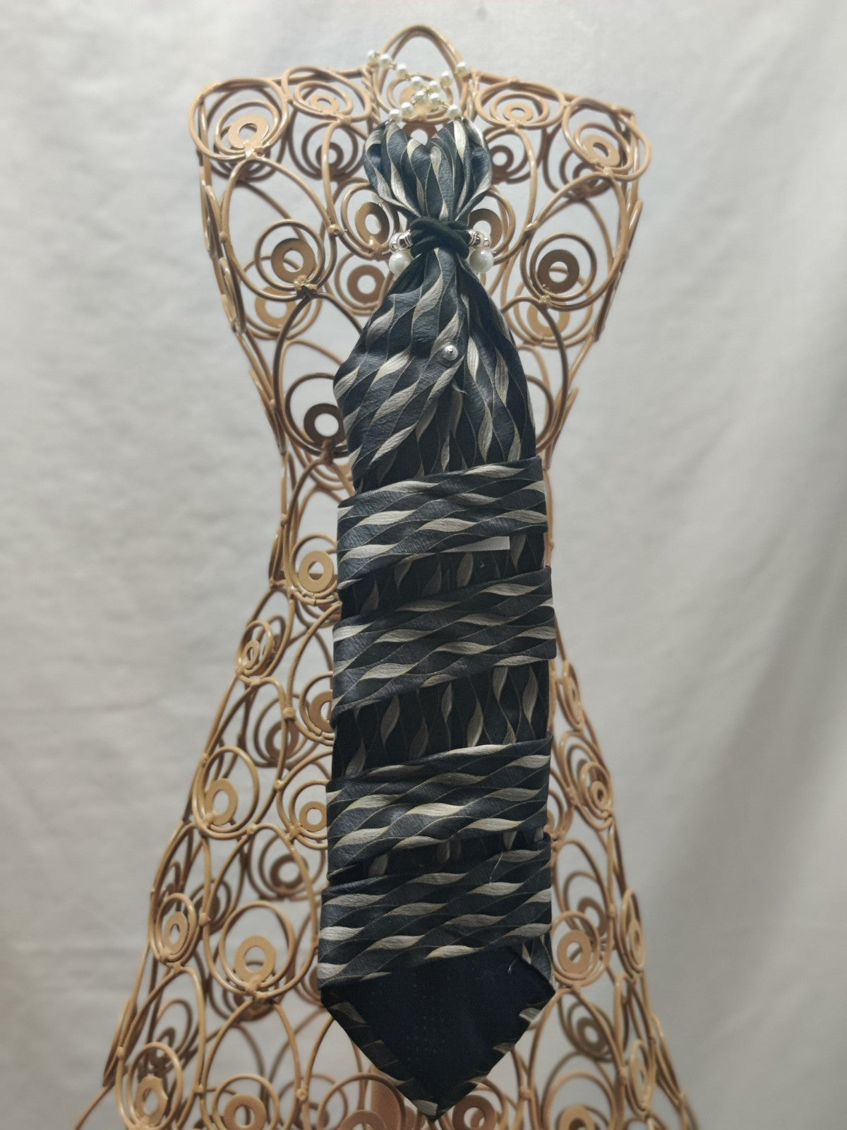 Handmade Necktie Fish Sculpture - Upcycled Tie Art - Black Silver Wave