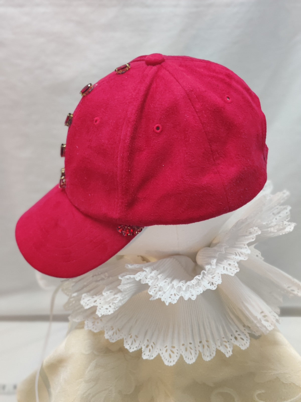 Red Suede Baseball Cap Ruby Rhinestone Jewels - Valentine Christmas Bling Hat