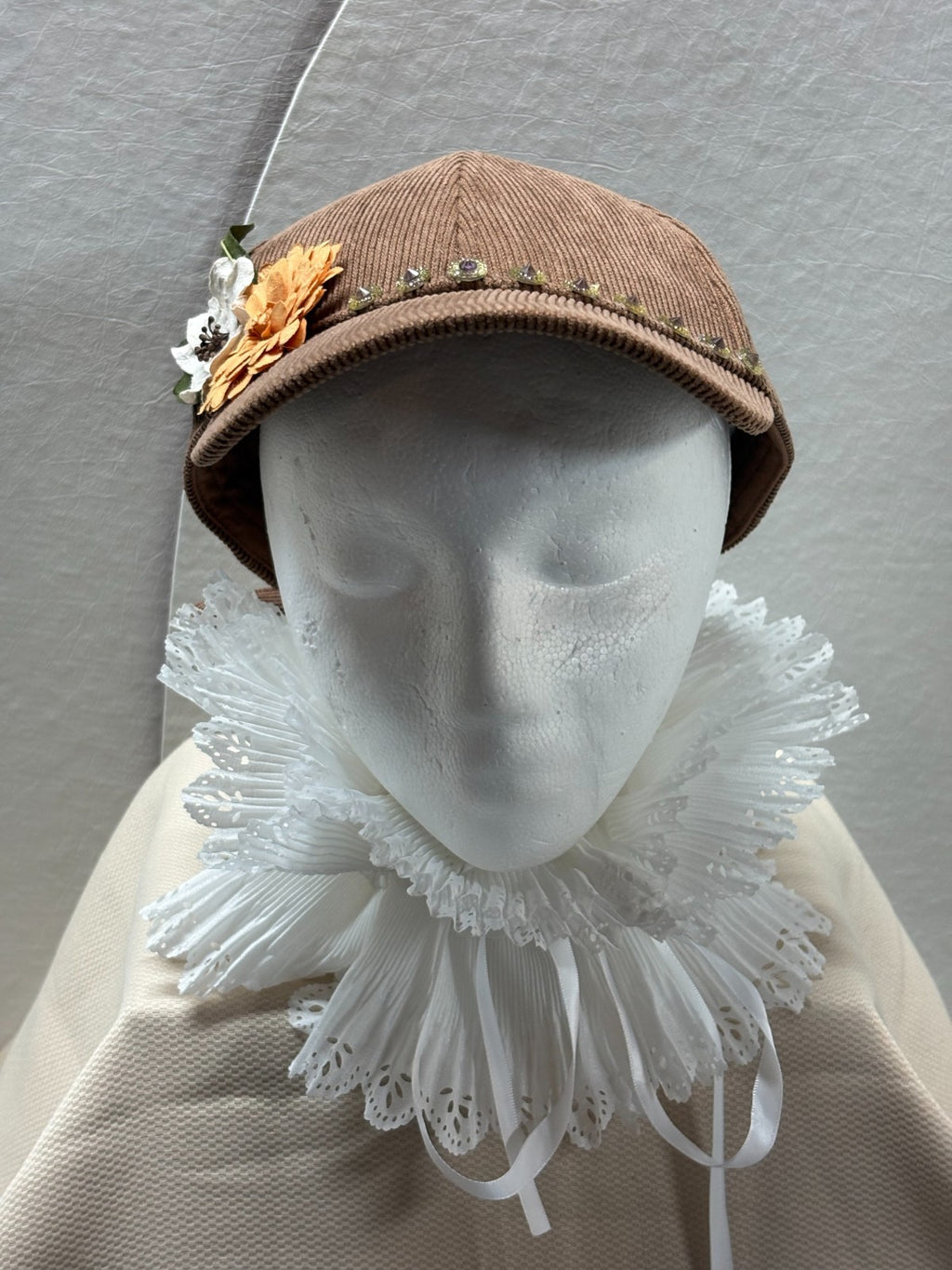 Handmade Brown Corduroy Baseball Cap - Floral & Rhinestone Fall Bling Hat