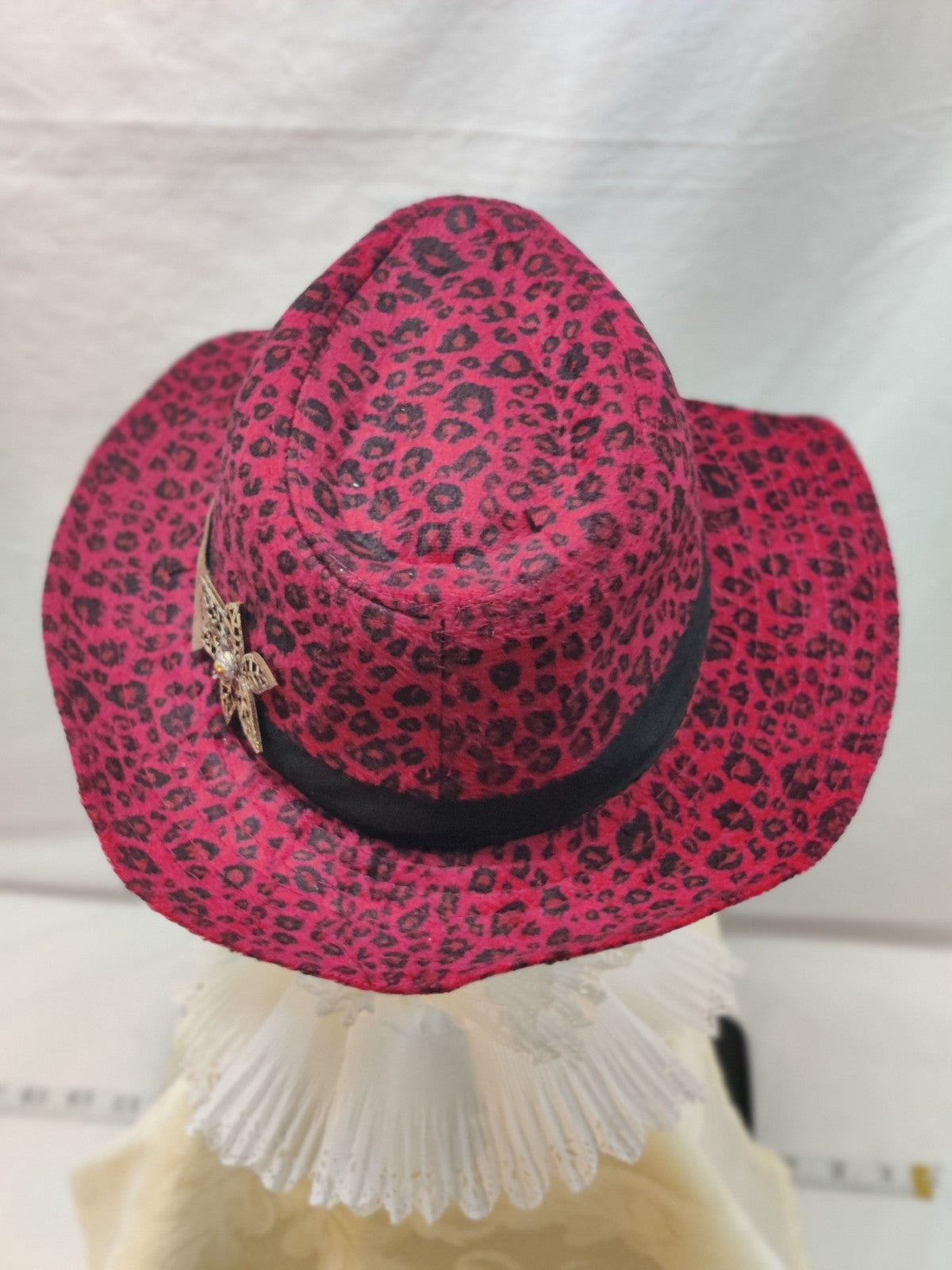 VERA by New York Fedora Hat Fuchsia Pink Black Leopard Print - Gold Flower Pearl