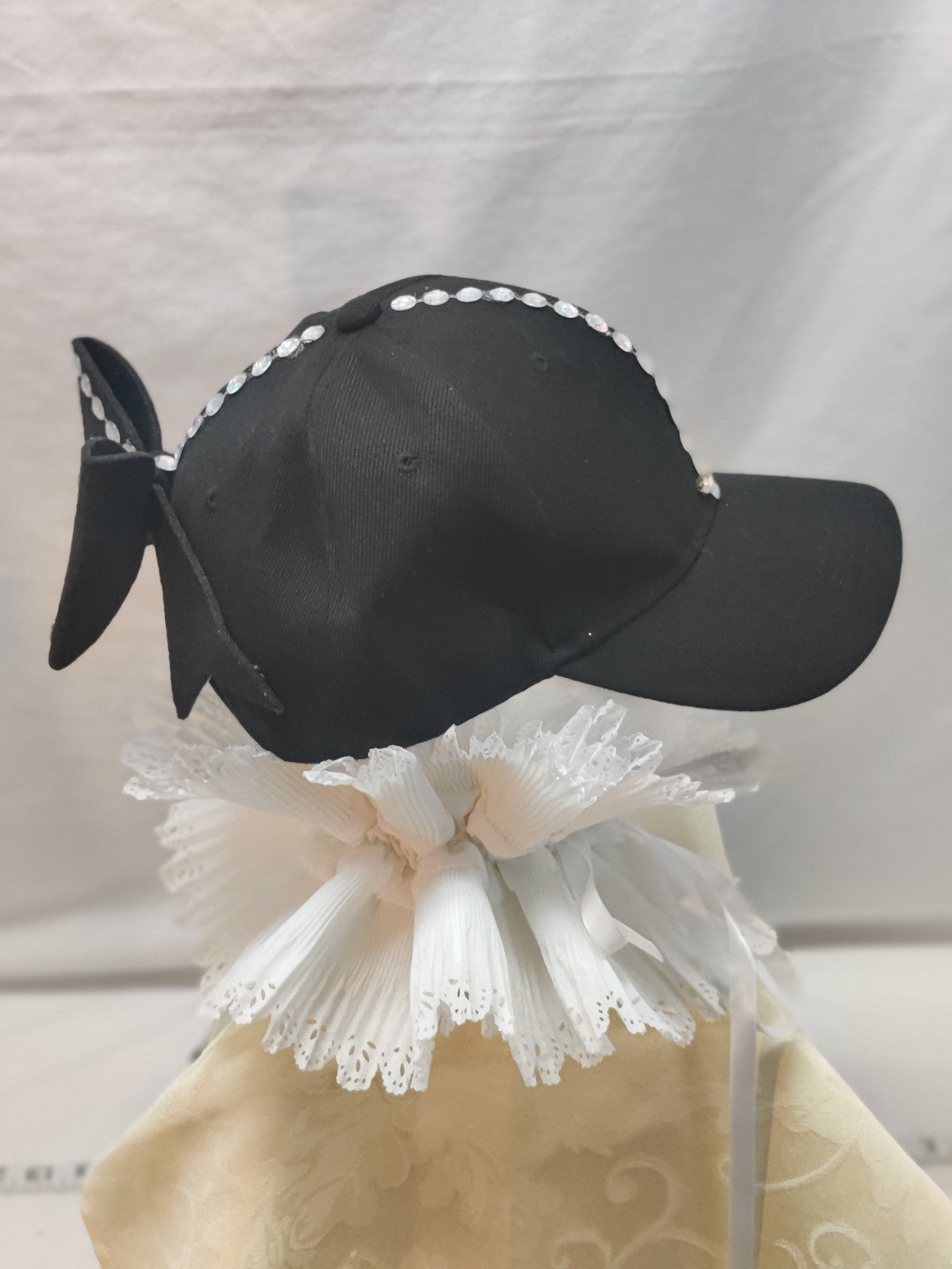Black Baseball Cap Bow Back Bunny Ears - Iridescent Rhinestone Bling - Coquette