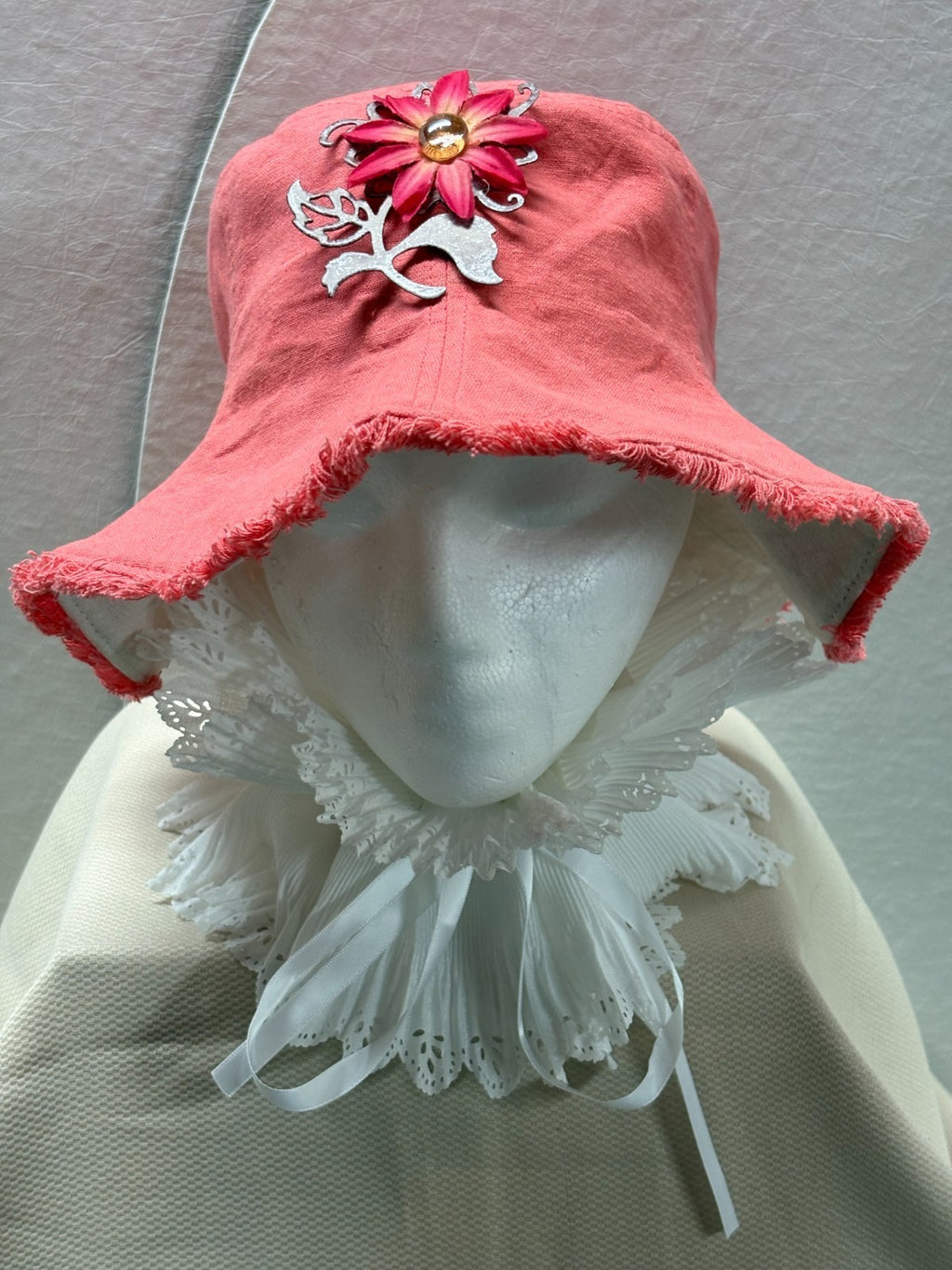 Reversible Bucket Hat 2-in-1 Coral & Cream Magnetic Removable Flower Brooch