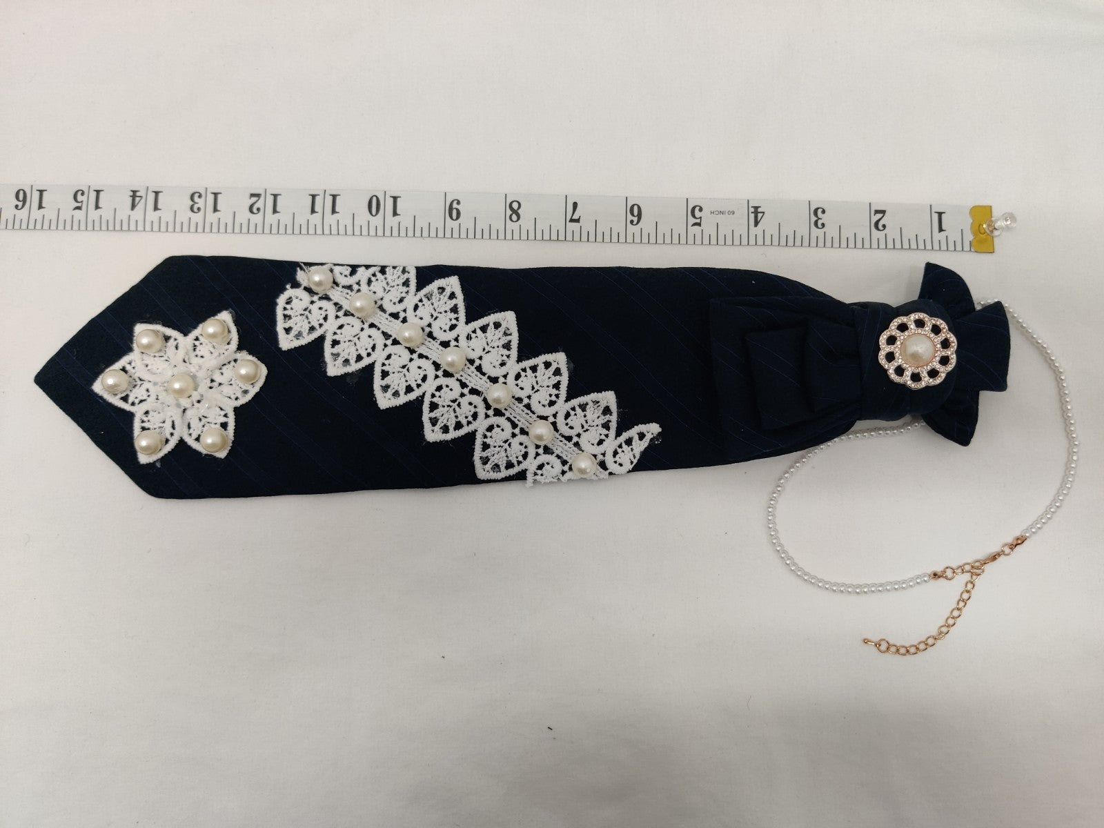 BRIDAL JABOT NECKLACE - NAVY & WHITE LACE - PEARLS - WEDDING DAY - OOA