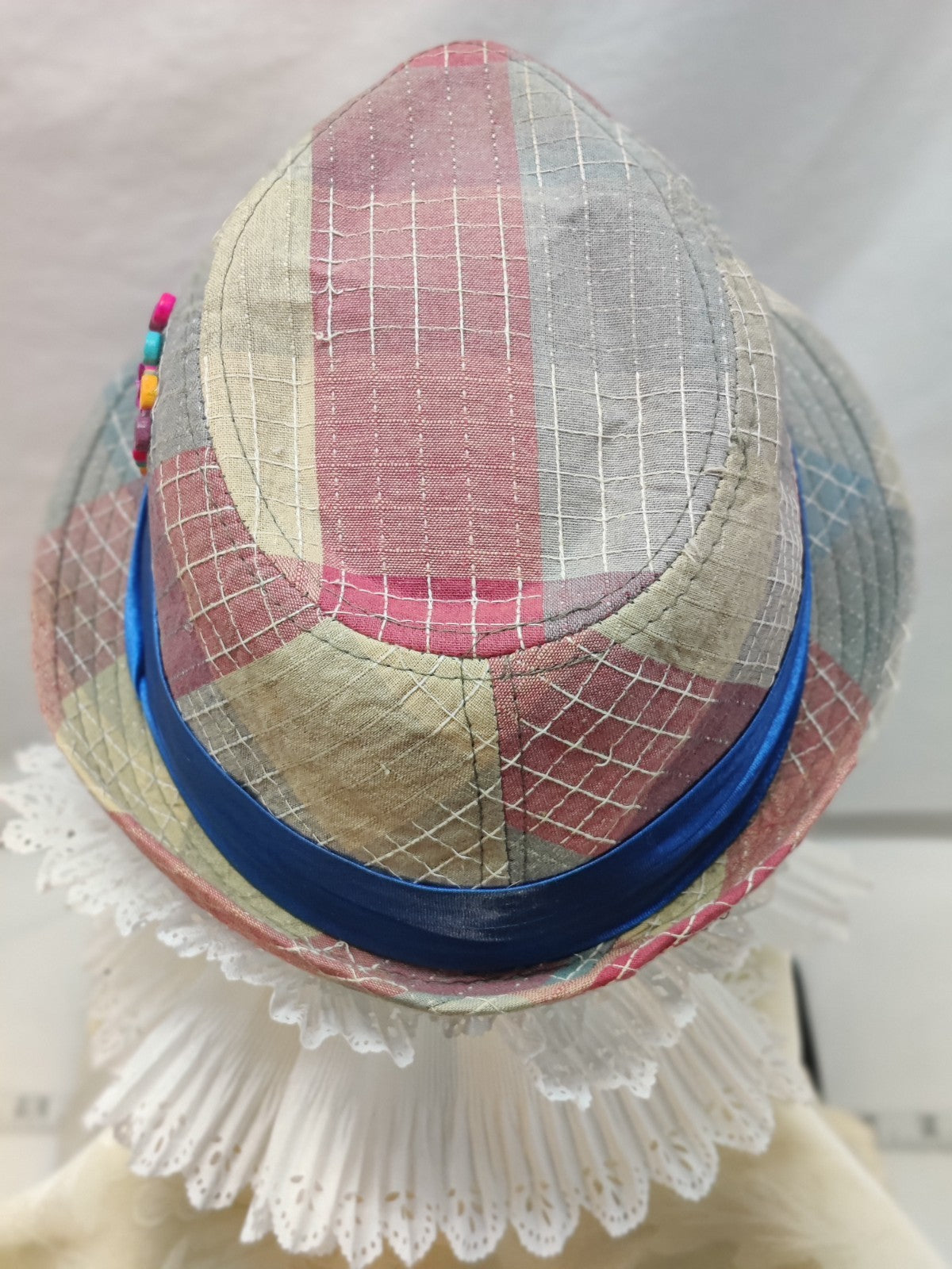Patchwork Fedora Hat Multicolor Pink Blue - Hand Embellished Buttons Flower Boho