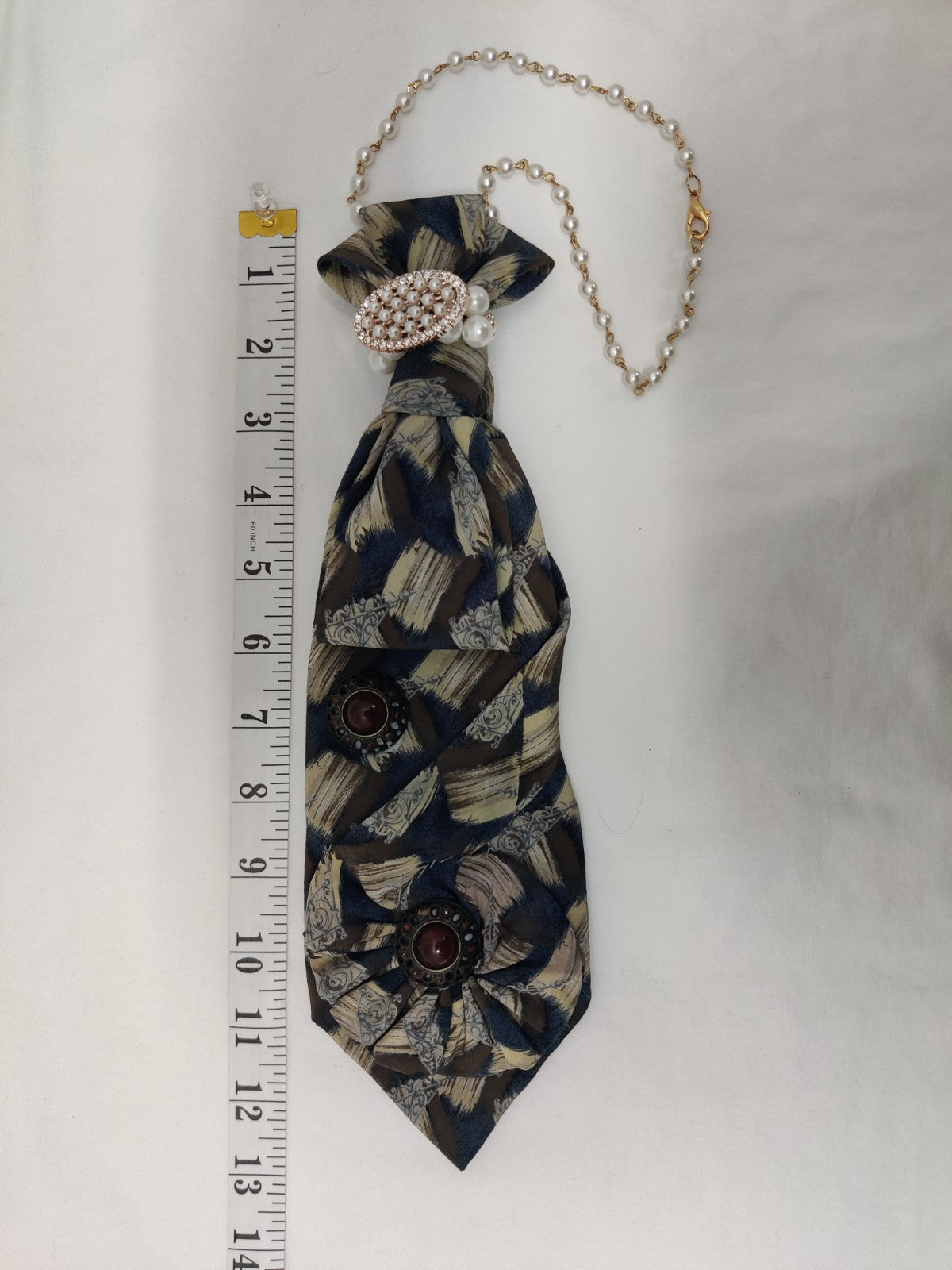 Women's Necktie Necklace Jabot - Upcycled Blue Silk Tie - Pearl Chain - Vintage