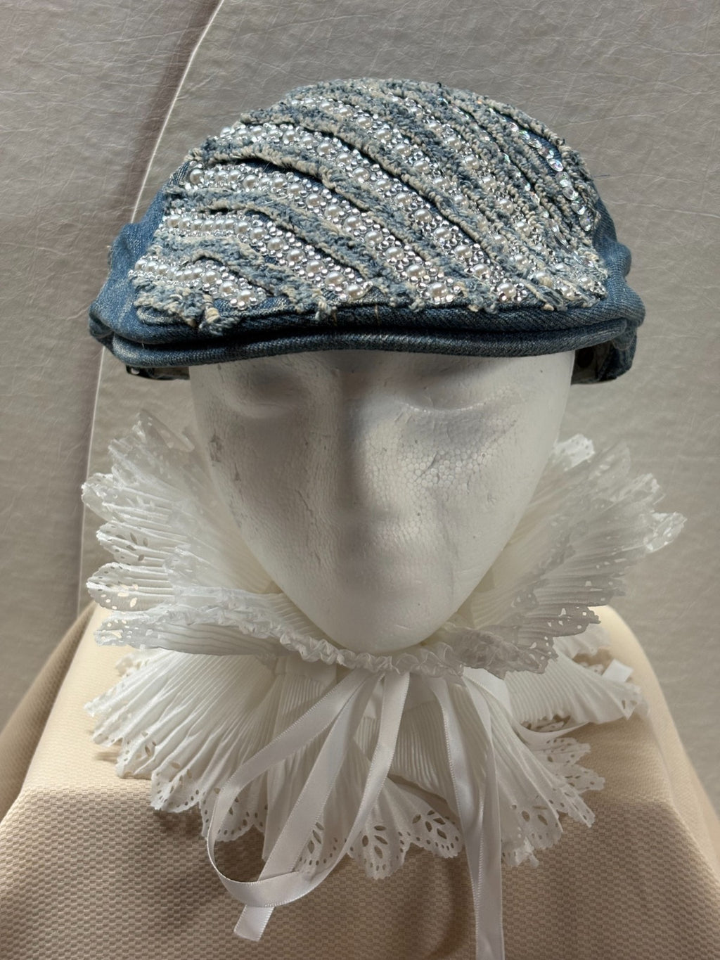 Denim Newsboy Cap - Pearl & Rhinestone Flat Cap - Bling Distressed Denim - Boho