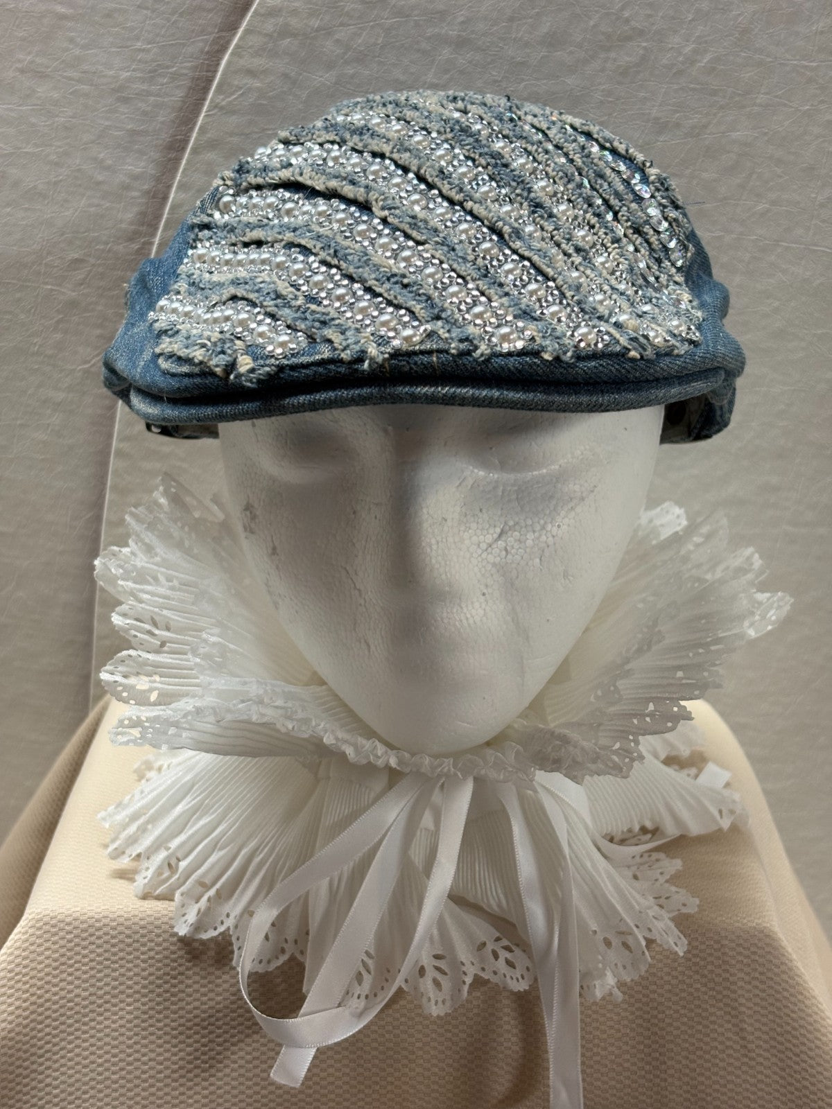 Denim Newsboy Cap - Pearl & Rhinestone Flat Cap - Bling Distressed Denim - Boho