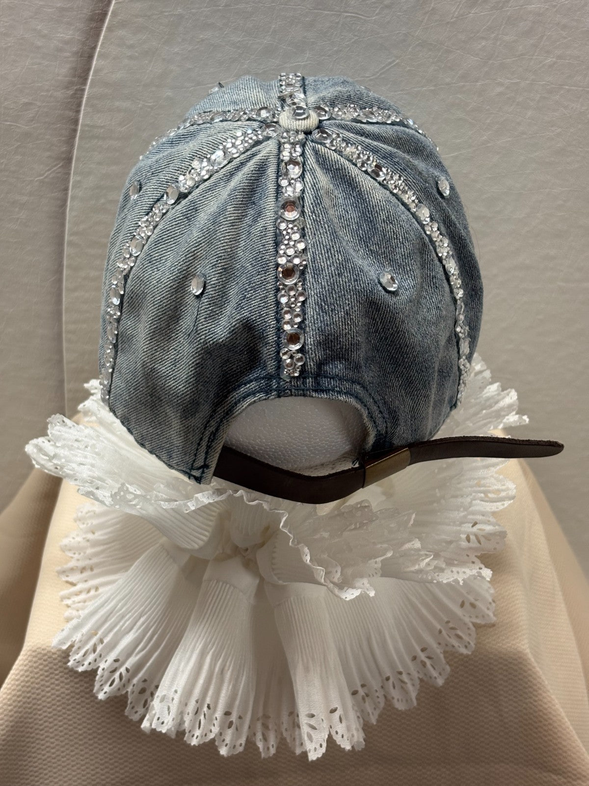 Handmade Denim Rhinestone Baseball Cap- Bling Jean Hat - Distressed Crystal