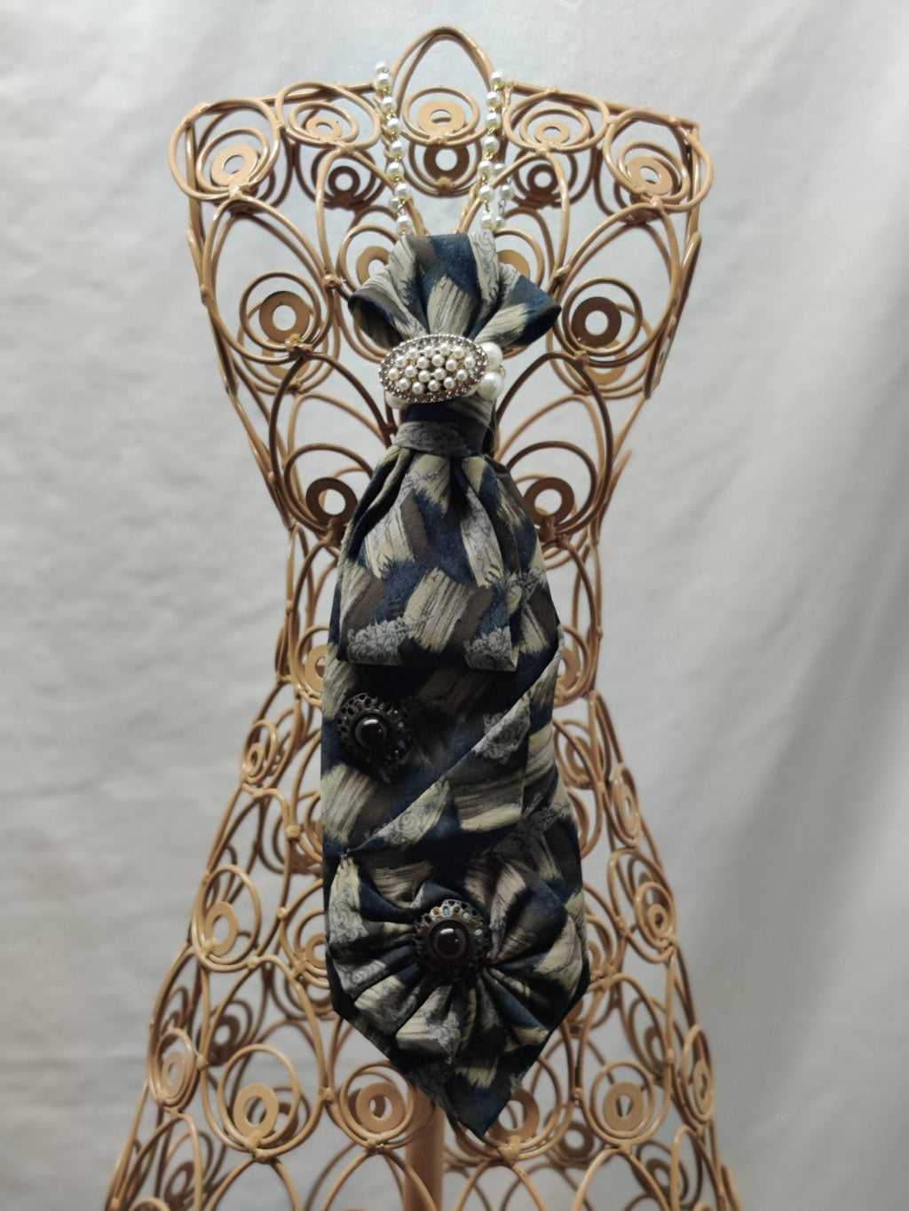 Women's Necktie Necklace Jabot - Upcycled Blue Silk Tie - Pearl Chain - Vintage