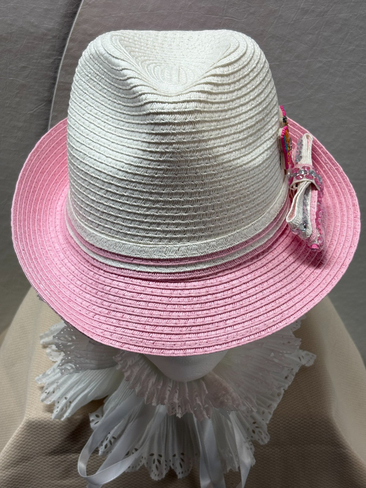 Pink &White Fedora Hat - Girls Women Straw Fedora - Rhinestone Bow & Butterfly