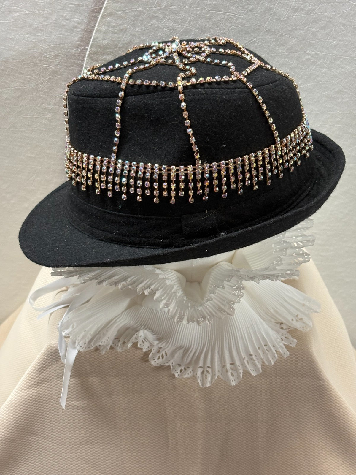 Black Felt Fedora Hat - Rhinestone Fringe Bling Fedora - Rose Gold Crystal