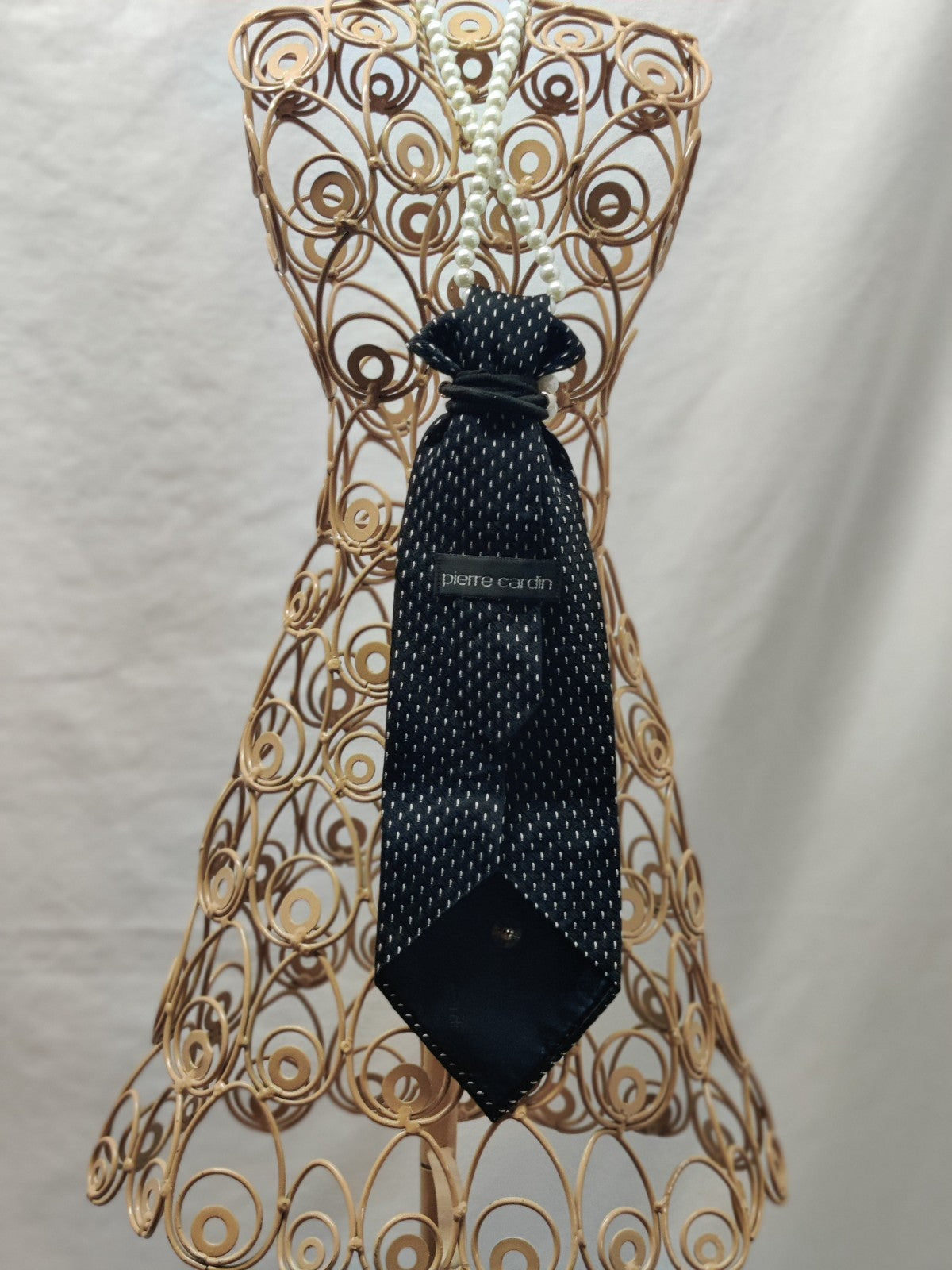 Women's Elegant Jabot Necklace - Black White Dot Silk Tie - Pearl Crystal Brooch
