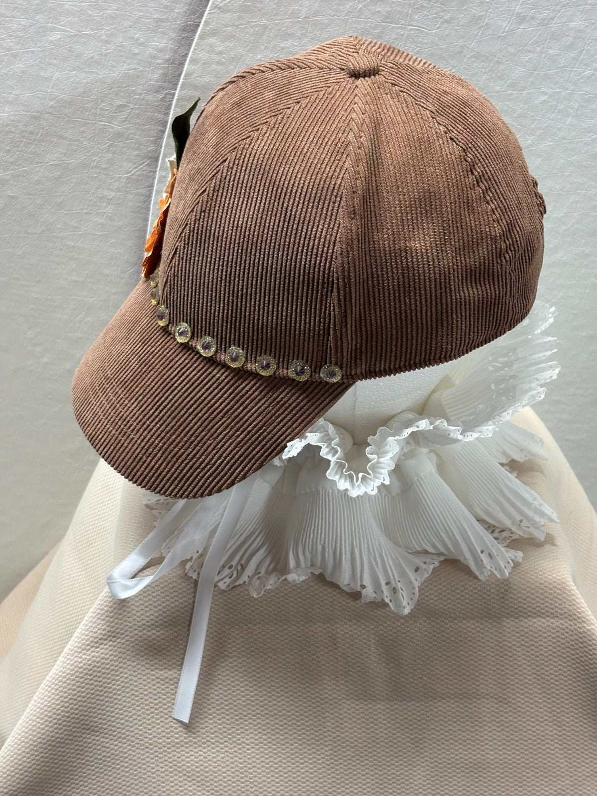 Handmade Brown Corduroy Baseball Cap - Floral & Rhinestone Fall Bling Hat