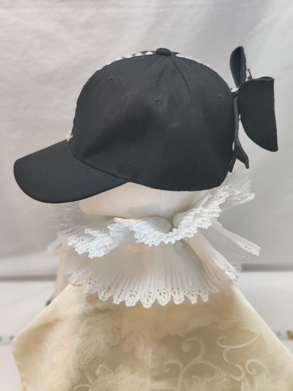 Black Baseball Cap Bow Back Bunny Ears - Iridescent Rhinestone Bling - Coquette