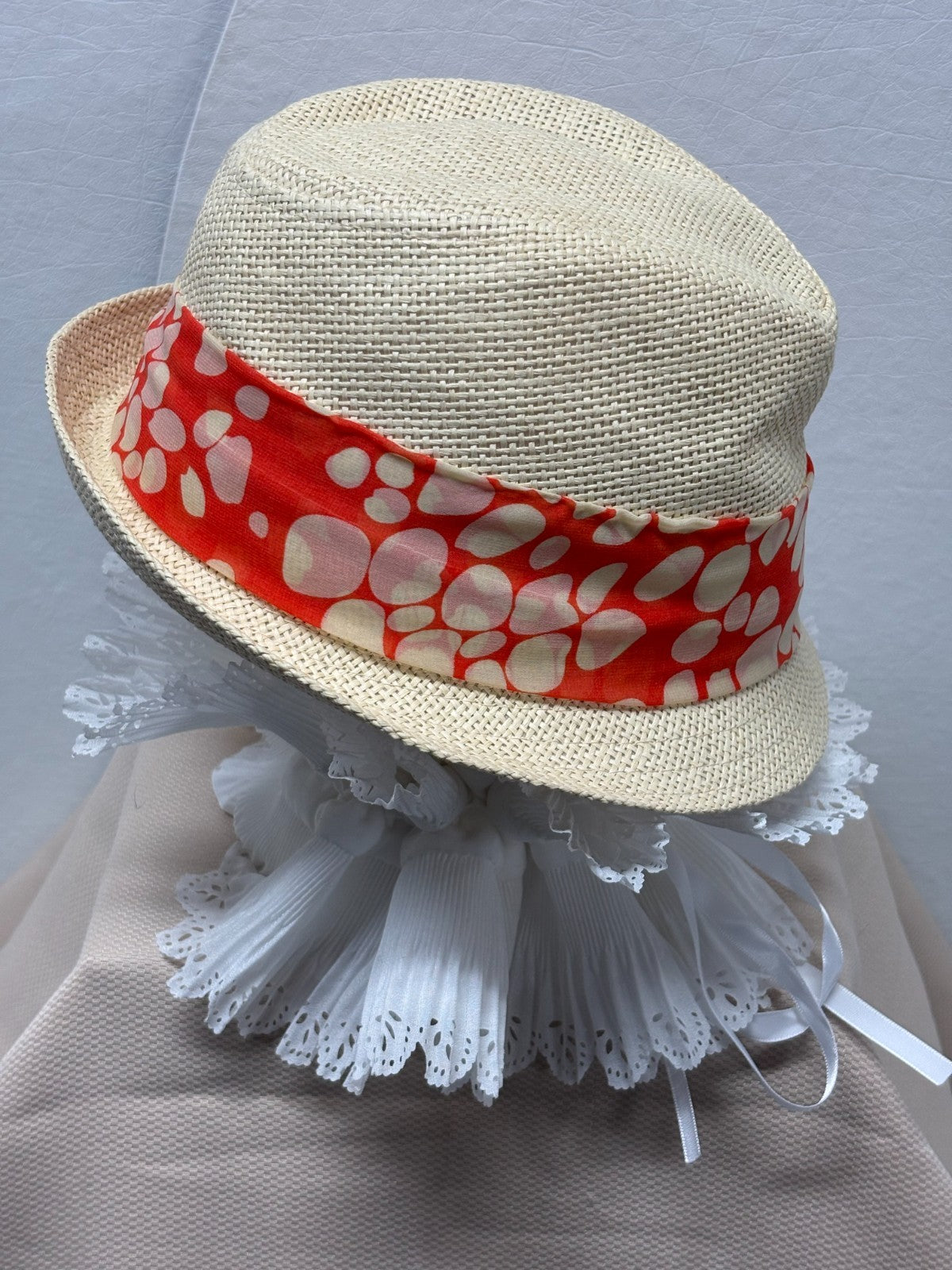 Beige Straw Fedora Hat - Coral Orange White Polka Dot Scarf Bow Pearl Butterfly