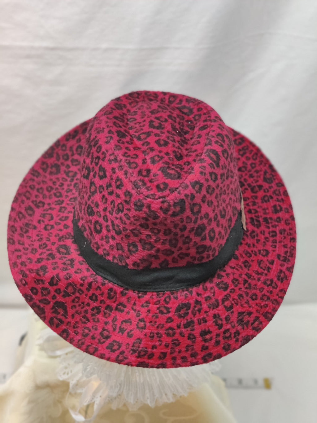 VERA by New York Fedora Hat Fuchsia Pink Black Leopard Print - Gold Flower Pearl
