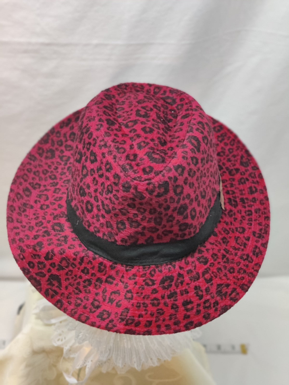 VERA by New York Fedora Hat Fuchsia Pink Black Leopard Print - Gold Flower Pearl
