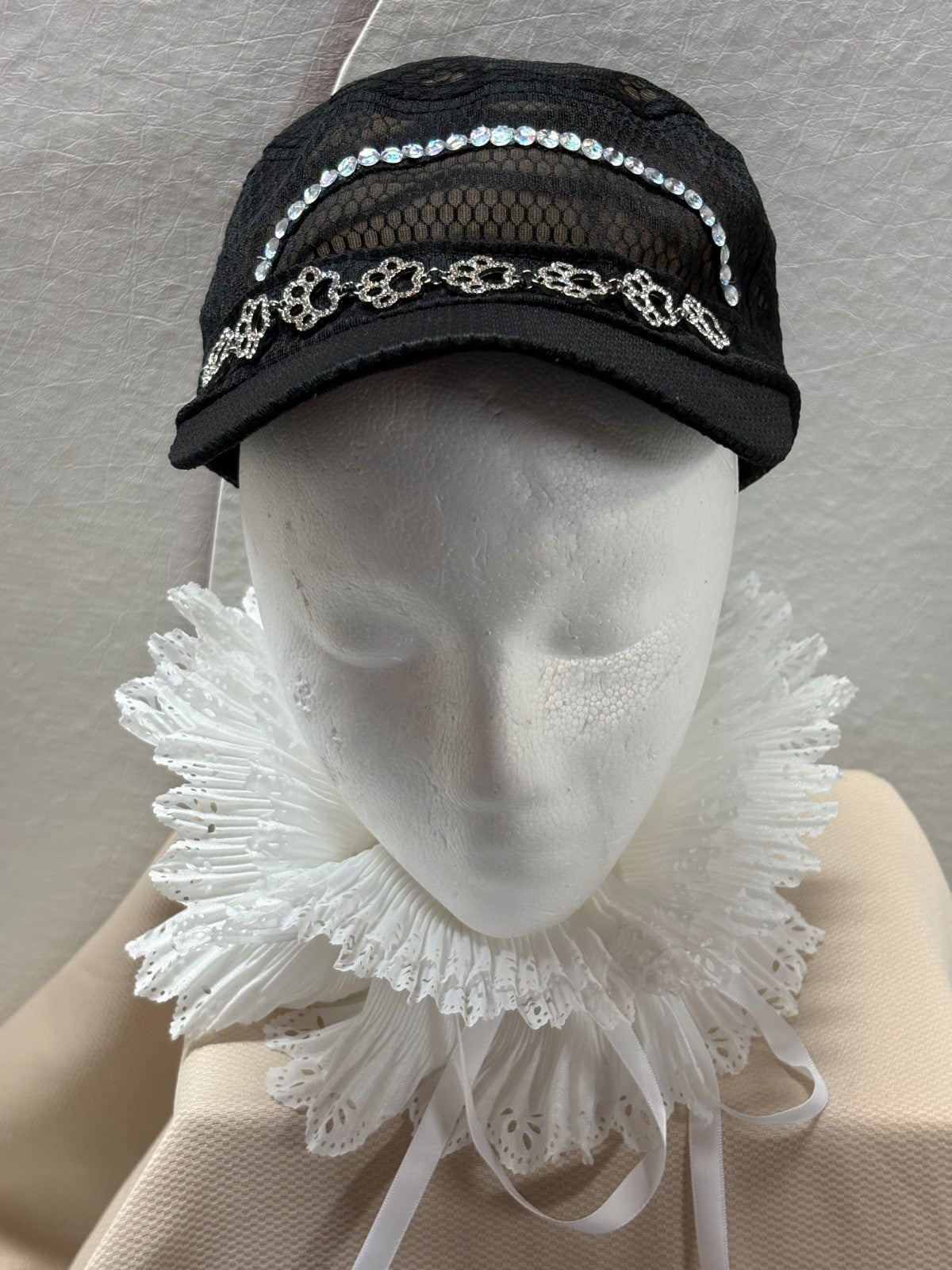 Dog Lover Bling Hat - Paw Print Rhinestone Cap - Black Mesh - Lace Ruffle