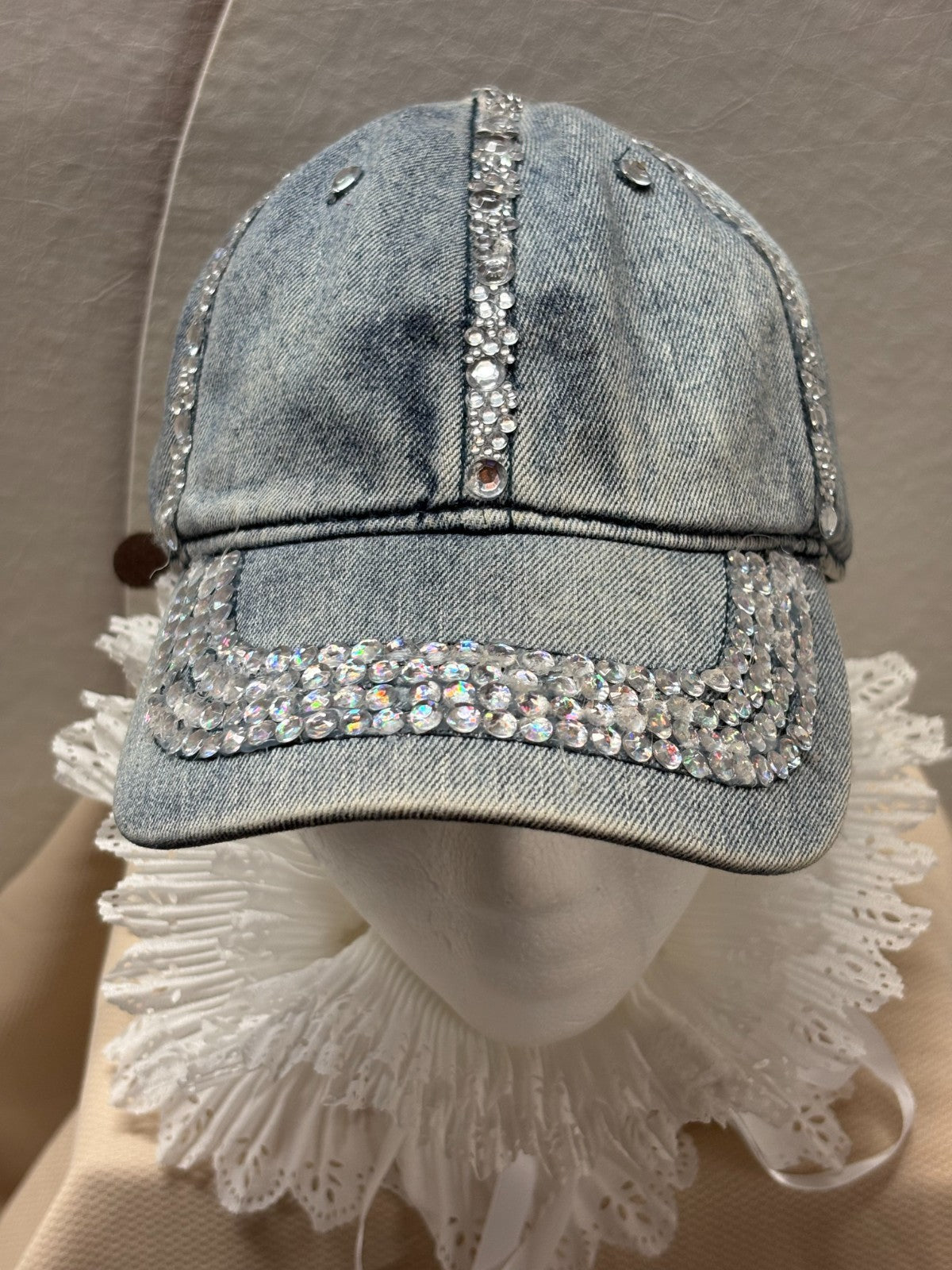 Handmade Denim Rhinestone Baseball Cap- Bling Jean Hat - Distressed Crystal