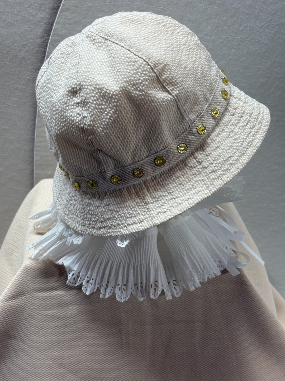 Cream Corduroy Bucket Hat - Gold Rhinestone Crown Design Bling Bucket