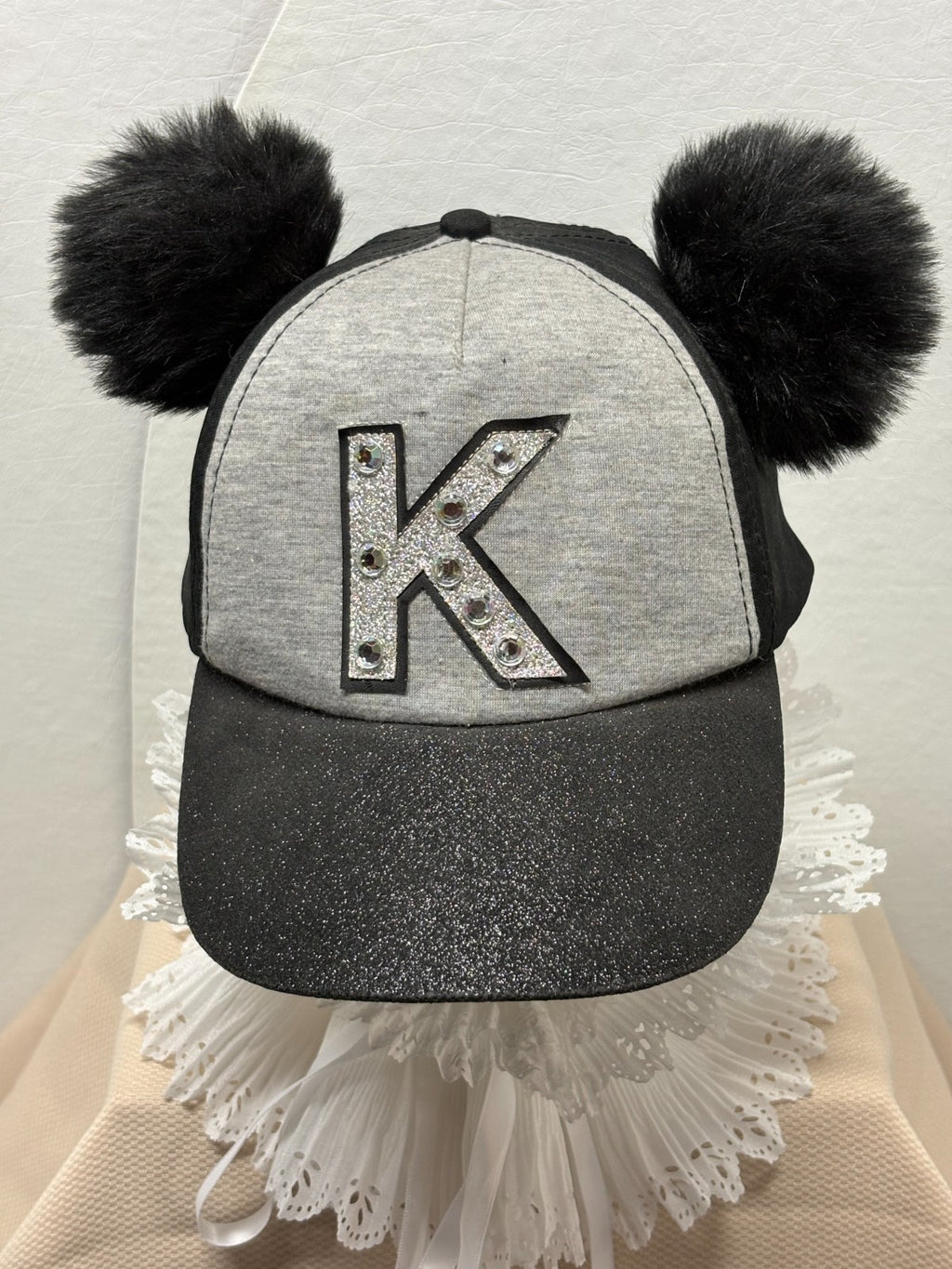 Black Grey Bling Baseball Cap Letter K - Sparkle Glitter Brim - Fuzzy Ears
