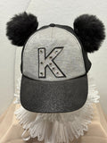 Black Grey Bling Baseball Cap Letter K - Sparkle Glitter Brim - Fuzzy Ears