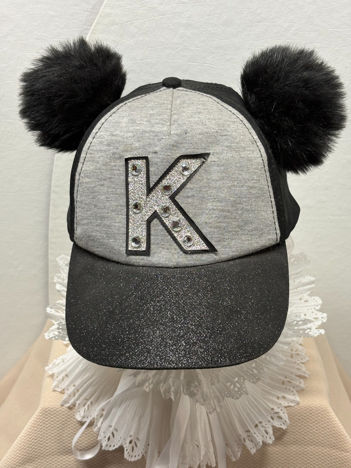 Black Grey Bling Baseball Cap Letter K - Sparkle Glitter Brim - Fuzzy Ears