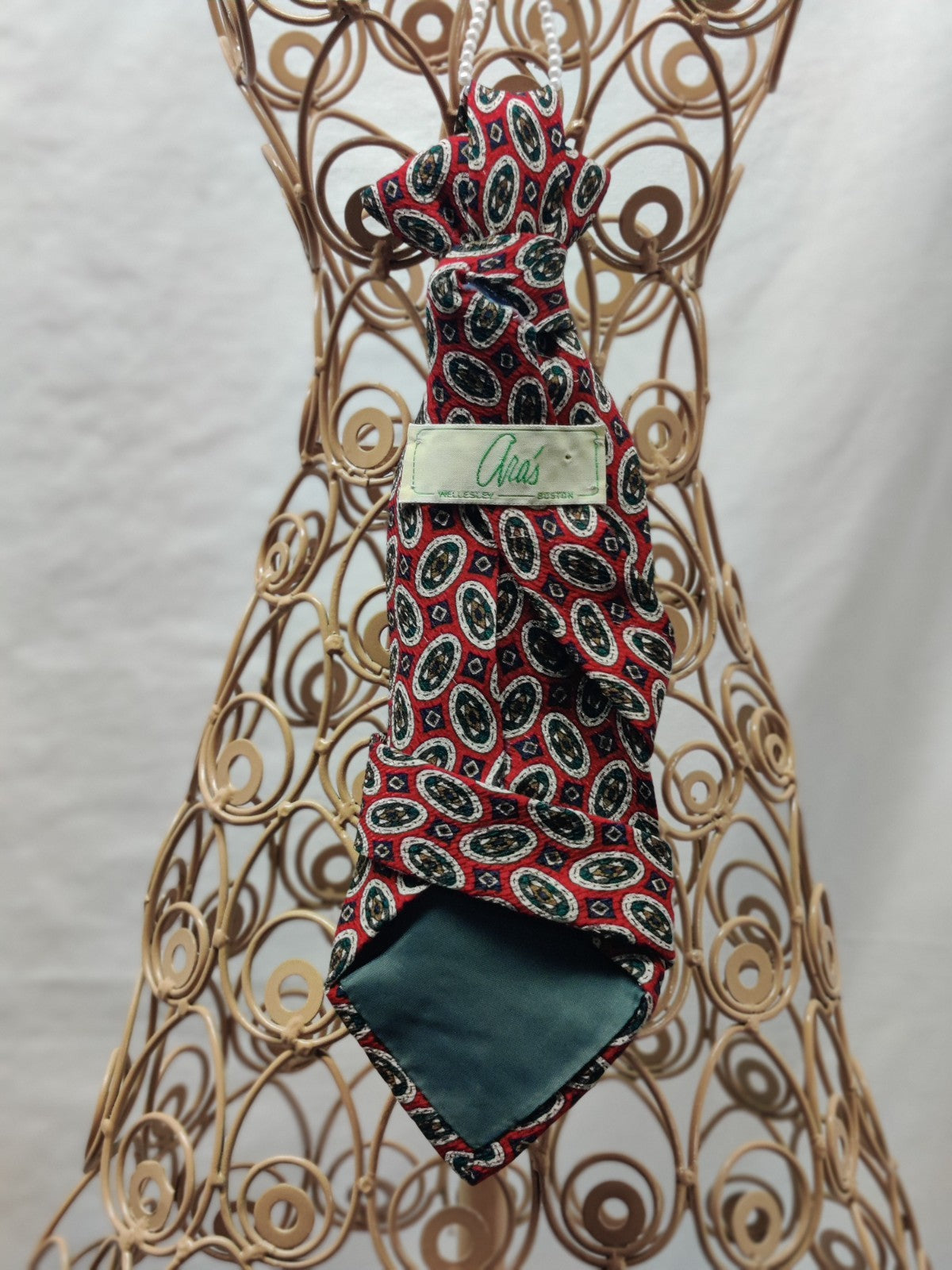 Women's Jabot Necklace - Red Vintage Paisley Tie - Pearl Chain - Oval Buttons