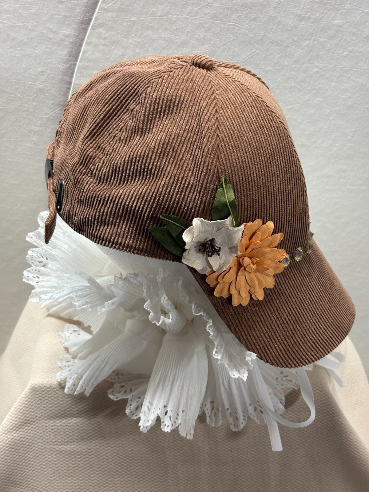 Handmade Brown Corduroy Baseball Cap - Floral & Rhinestone Fall Bling Hat