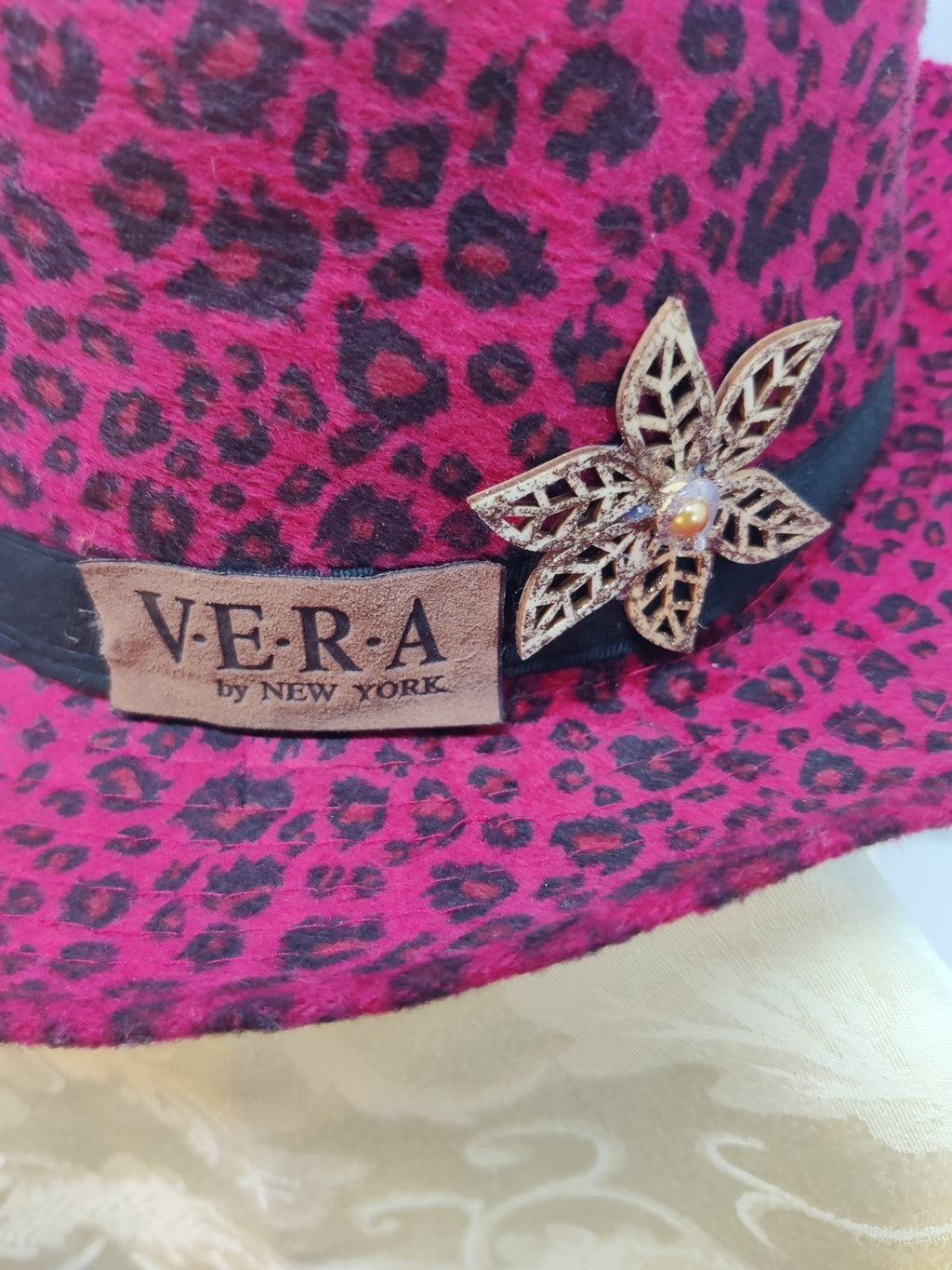 VERA by New York Fedora Hat Fuchsia Pink Black Leopard Print - Gold Flower Pearl