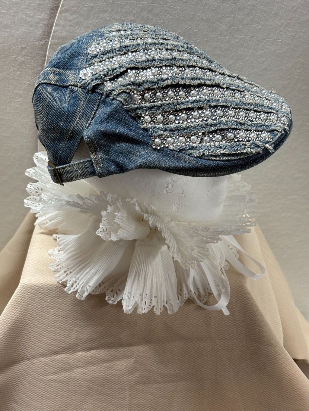 Denim Newsboy Cap - Pearl & Rhinestone Flat Cap - Bling Distressed Denim - Boho