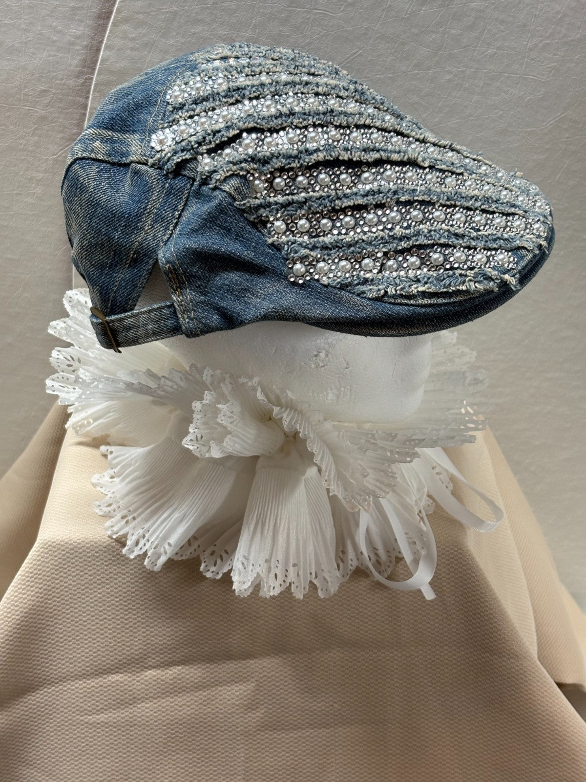 Denim Newsboy Cap - Pearl & Rhinestone Flat Cap - Bling Distressed Denim - Boho