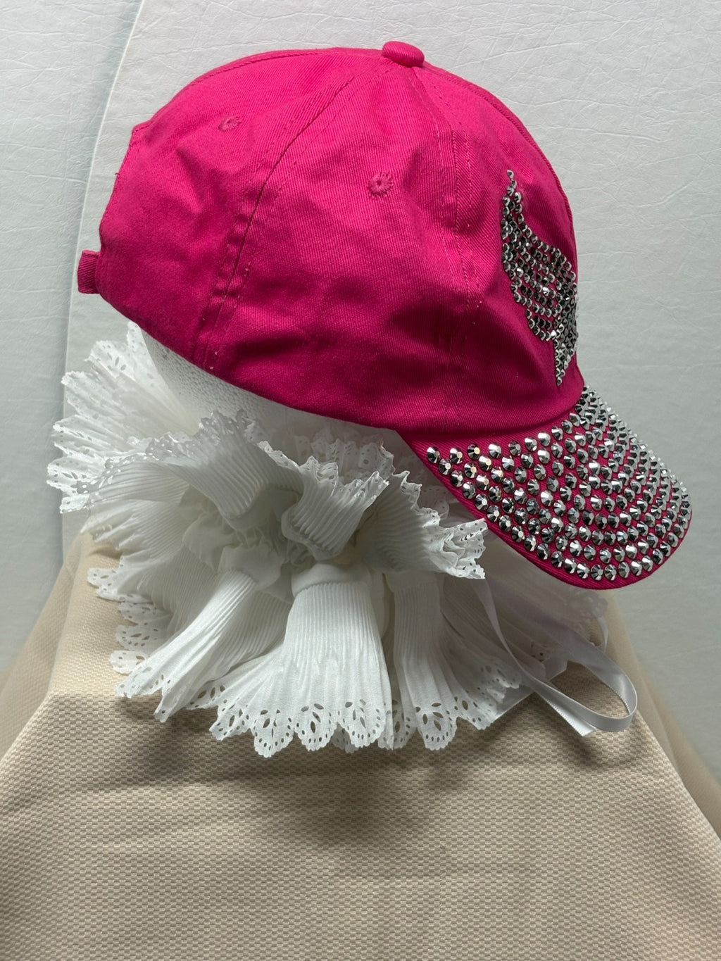 Hot Pink Bling Baseball Cap - Silver Rhinestone Angel Wings & Full Crystal Brim