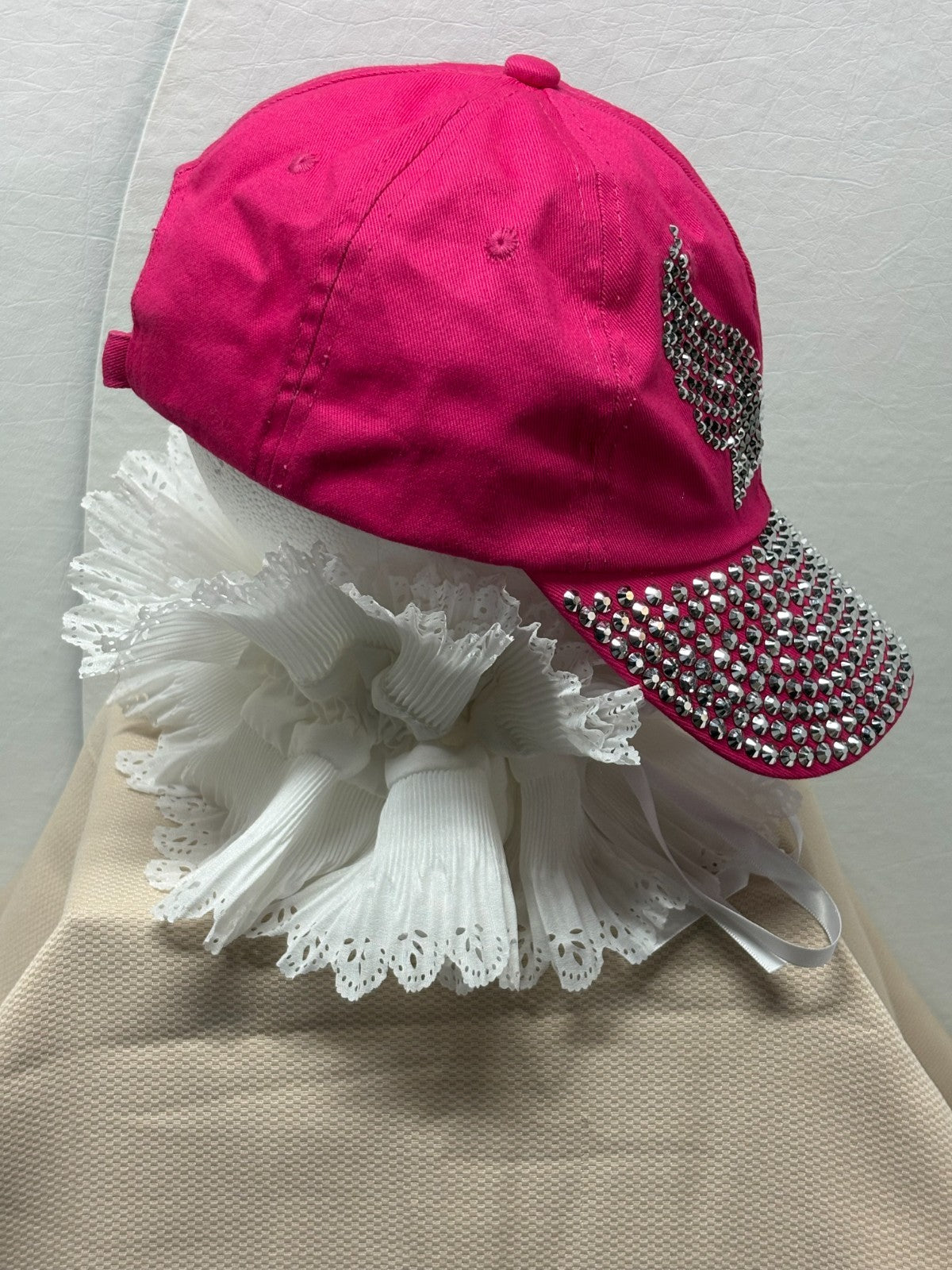 Hot Pink Bling Baseball Cap - Silver Rhinestone Angel Wings & Full Crystal Brim