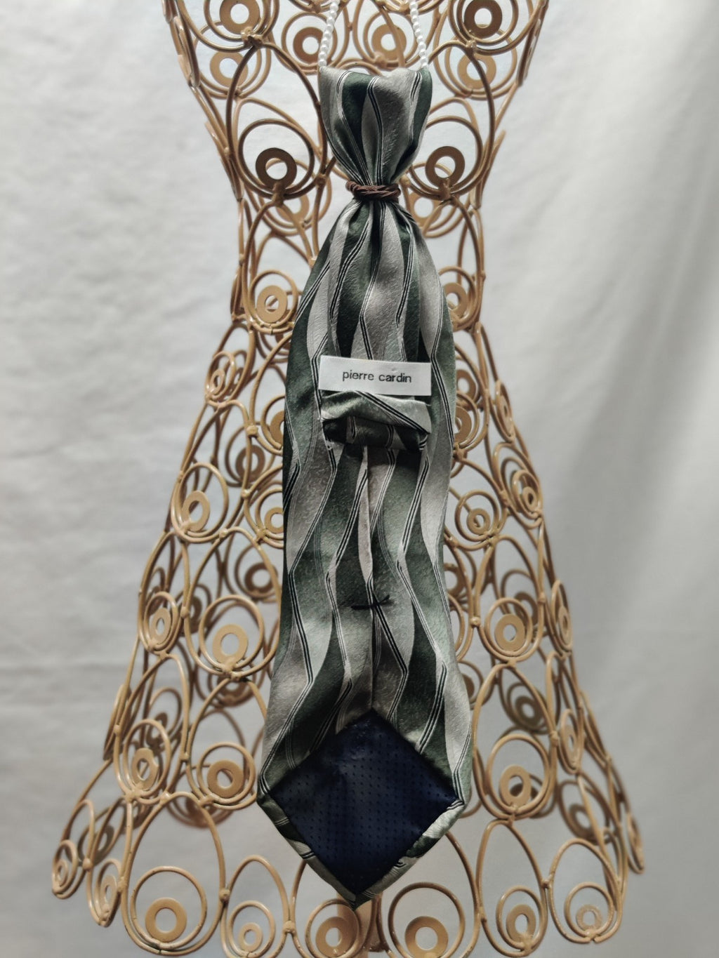 Women's Faith Jabot Necklace - Green Silver Striped Tie - Cross Wings Brooch