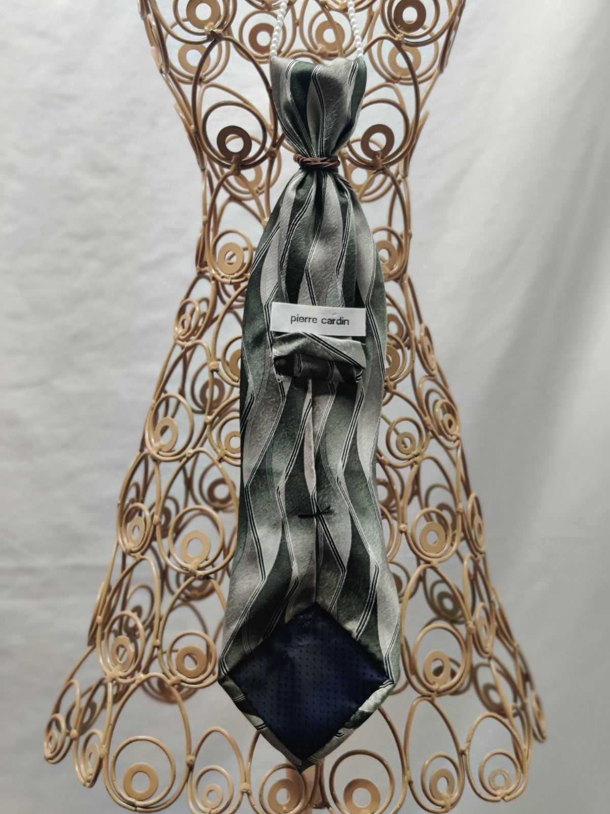 Women's Faith Jabot Necklace - Green Silver Striped Tie - Cross Wings Brooch