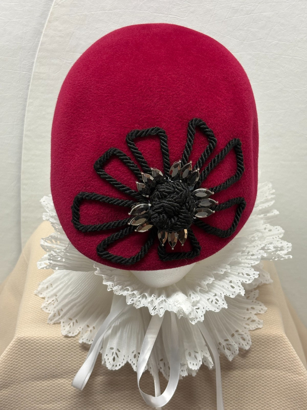 Red Beret Hat - Black Rope Flower Rhinestone - French Parisian Statement Hat